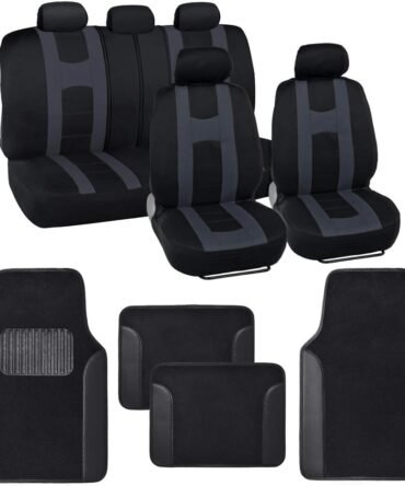 Series Charcoal Gray Seat Covers Full Set Combo with Car Floor Mats – Front and Rear Bench Cover & Floor Mat Protector Set, Interior Covers for Auto Truck Van SUV