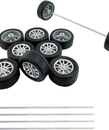 10PCS Small Toy Car Wheels Model Car Rubber Tire Wheels with 5PCS Shaft Round Axles for for DIY Model Toy RC Car Truck Robot Wheel Replacement Accessories (2x28mm)