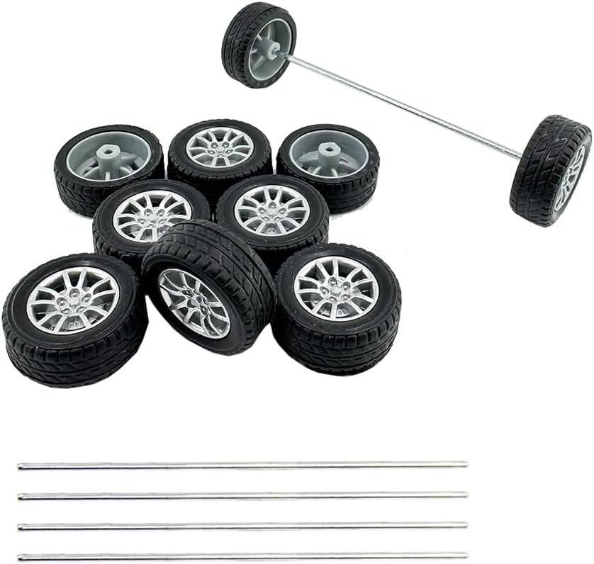 10PCS Small Toy Car Wheels Model Car Rubber Tire Wheels with 5PCS Shaft Round Axles for for DIY Model Toy RC Car Truck Robot Wheel Replacement Accessories (2x28mm)