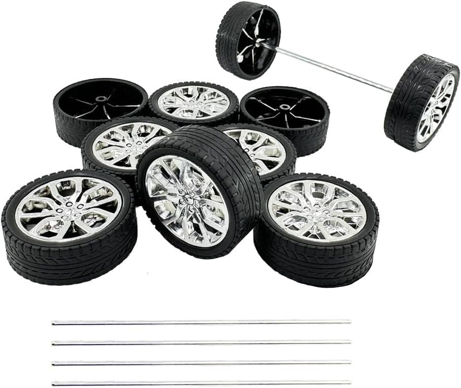 10PCS Toy Car Wheels Model Car Rubber Tire Wheels with 5PCS Shaft Round Axles for for DIY Model Toy RC Car Truck Robot Wheel Replacement Accessories (2.5x45mm)