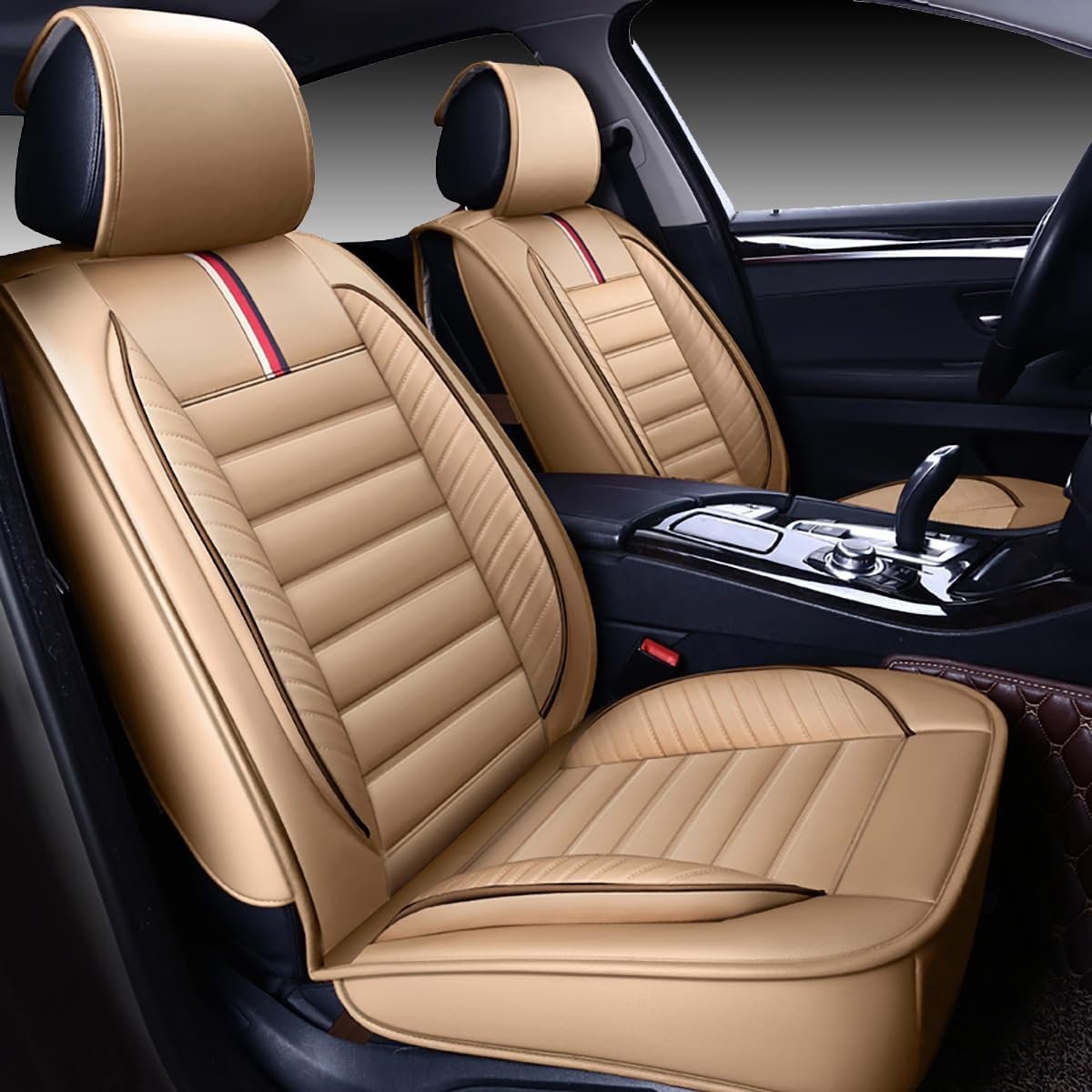 Car Seat Covers Premium Waterproof Faux Leather Cushion Universal Accessories Fit SUV Truck Sedan Automotive Vehicle Auto Interior Protector Full Set (OS-001 Tan) - Image 2