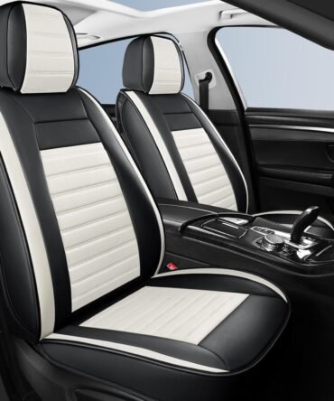 Car Seat Covers Full Set,Breathable Leather Seat Covers,Horizontal Stripes Automotive Seat Covers,Universal Seat Cushions for Sedan SUV Truck(Style2,5 PCS Full Set,Black+Cream)