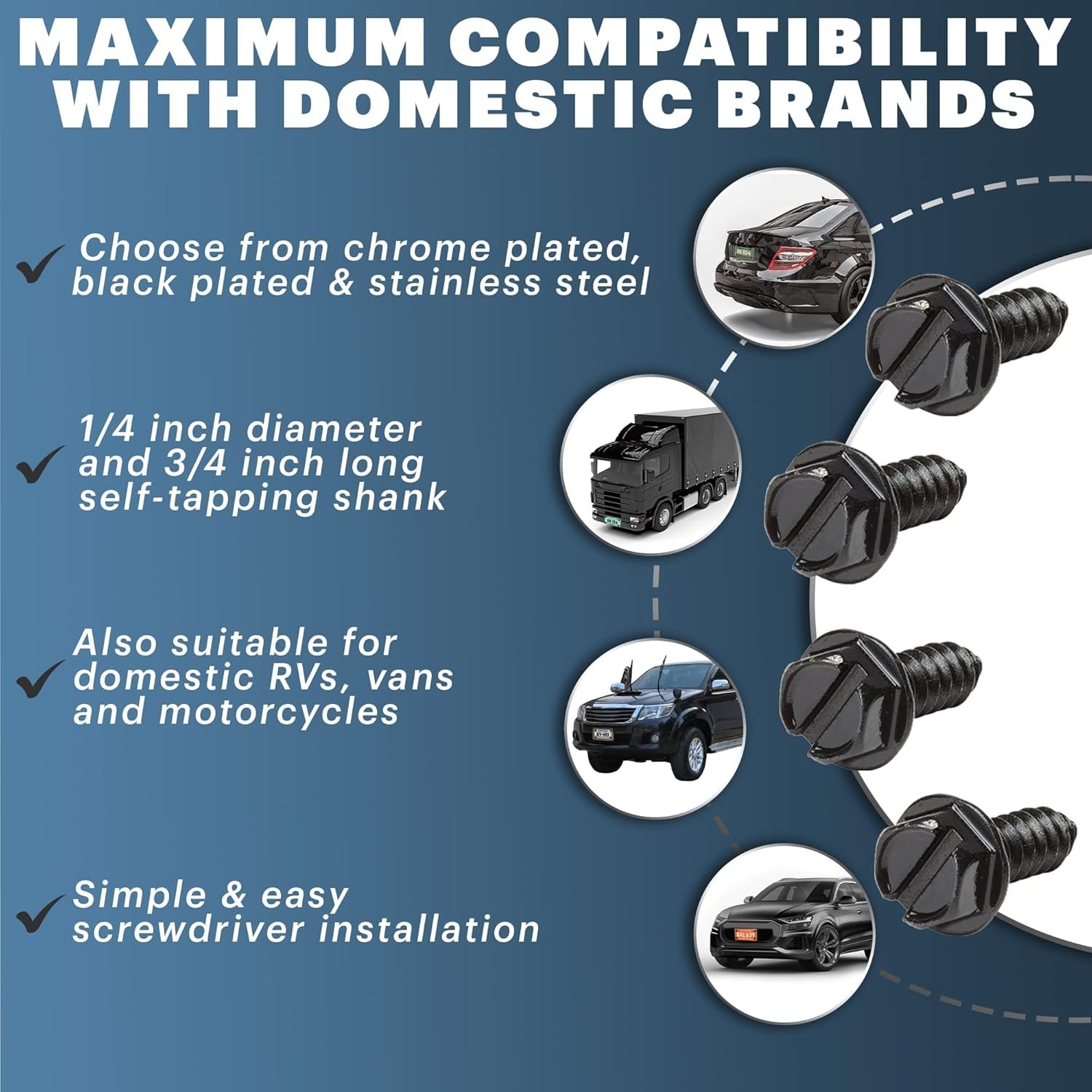Black License Plate Screws Kit - Set of 8 Fasteners For Front and Back License Plates and License Plate Frames or Covers on Domestic Cars, Trucks, SUVs - Rustproof, Self Tapping Mounting Bolts (Black) - Image 2