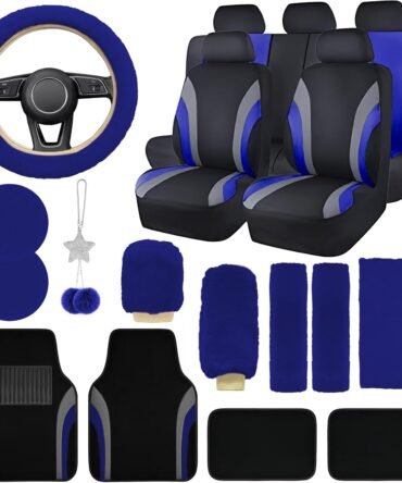21 Pcs Car Seat Accessories Set for Women Covers Full Set with Waterproof Car Floor Mats Universal Fluffy Steering Wheel,Gear Compatible Automotive Covers for SUV(Blue)