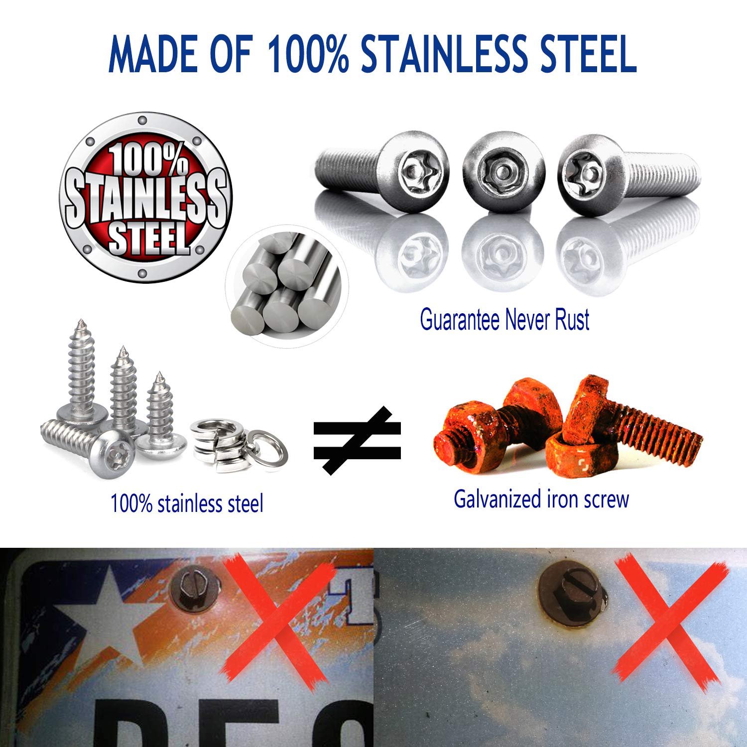 Anti Theft License Plate Screws- Stainless Steel Bolts Fasteners Kits for Car Tag Frame Holder, Tamper Resistant Mounting Hardware,1/4"(M6) Security Screw Set,Rust Proof,Chrome Screw Caps Cover - Image 2