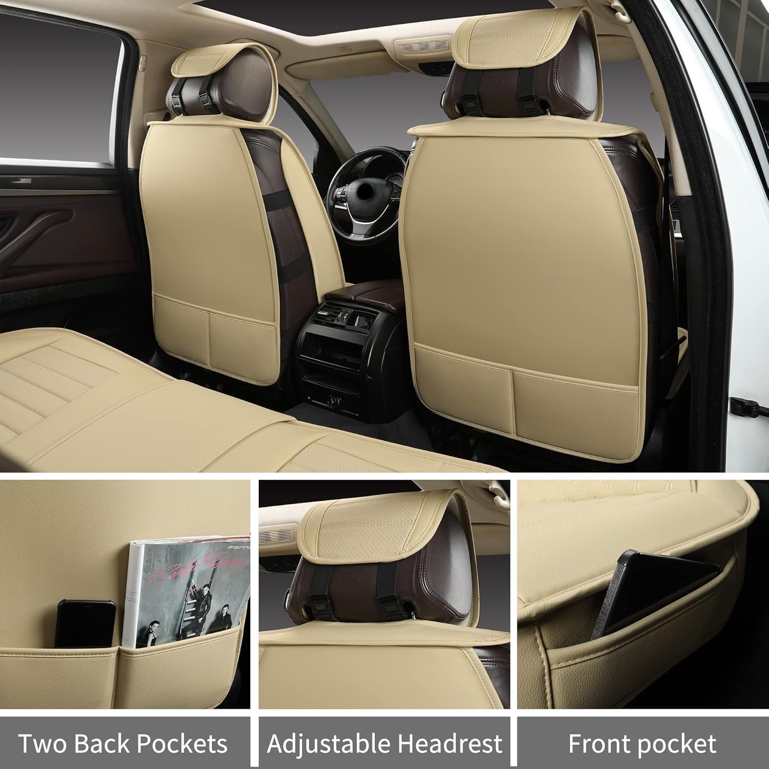 Car Seat Covers 5 Seats Full Set, Waterproof Napa Leather Automotive Seat Protector for Cars SUV Truck Sedan, Universal Anti-Slip Car Seat Cushion Interior Accessories, Beige - Image 2