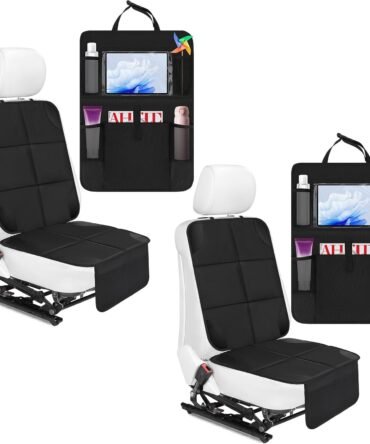 4 Pack Non-Slip Car Seat Protector and Backseat Organizer Kick Mat with Tablet Holder, Large Waterproof Car Seat Protector with Storage Pockets for Leather and Fabric