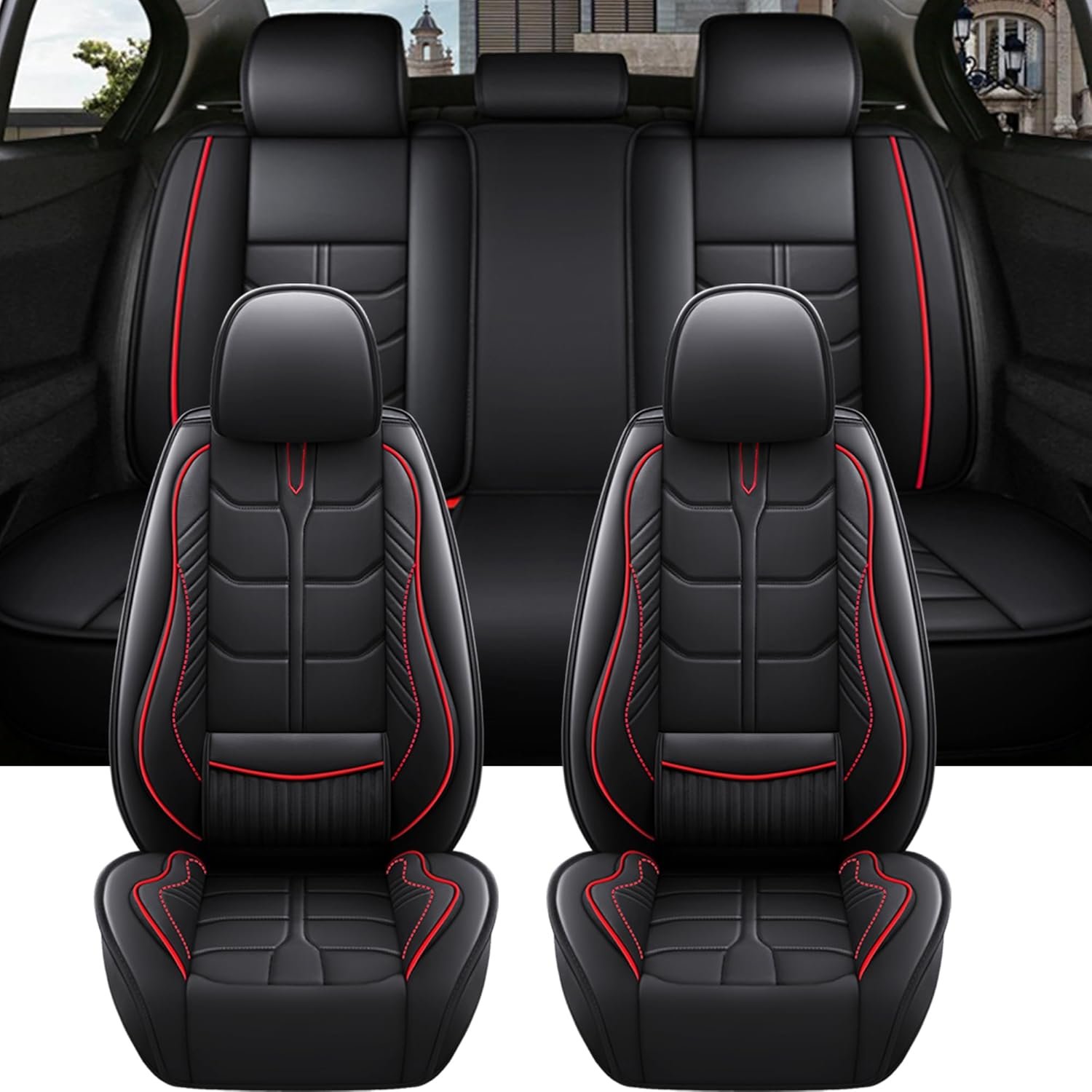 Car Seat Covers Full Set Automotive Seat Protection Fit for Most Cars SUVs Front & Back Seats Waterproof Leather Car Seat Cushion Protector Black & Red