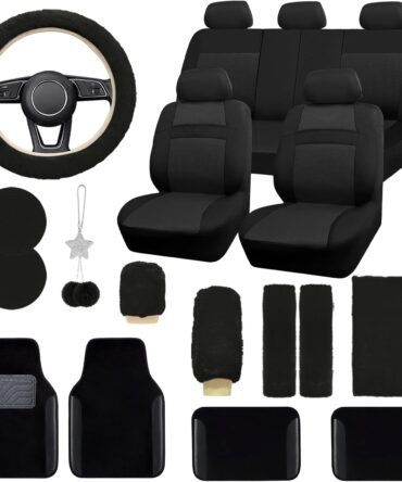 Car Seat Cover Full Set for Women with Waterproof Floor Mats,3D Air Mesh Car Seat Cover with 5mm Composite Sponge Inside,Universal Fluffy Steering Wheel Cover, Accessories Full(Black)