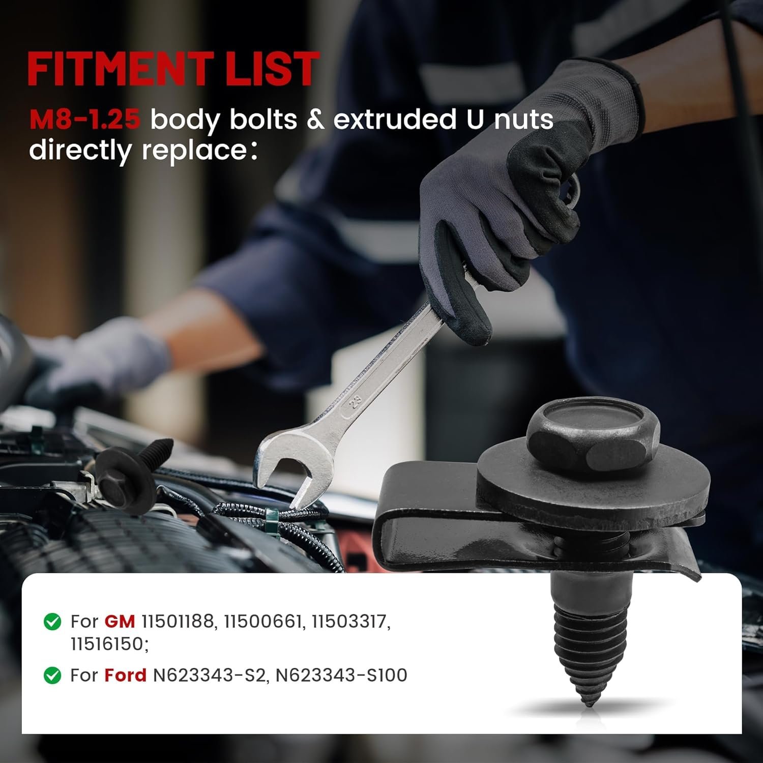 Body Bolts & Extruded U Nuts Kits for GM 11501188 Ford Chevy Buick Chrysler Cadillac Bumper Fender Liner Push Retainer Fastener Clips Replace 11500661, 11503317, N623343-S2 - Image 2