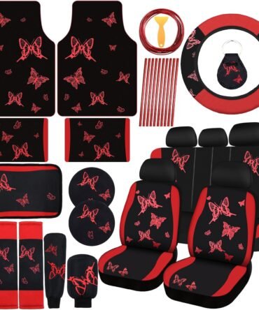 47 Pcs Red Black Butterfly Car Seat Full Set Butterfly Car Accessories for Women 5 Front Rear Seat Covers Wrist Strap 2 Pieces Cup Mat Armrest Pad 2 Seat Belt Cover Accessories for SUV Car