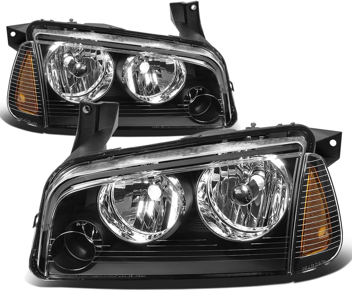 Black Amber Headlights Compatible with 06-10 Dodge