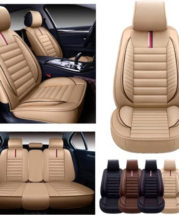 Car Seat Covers Premium Waterproof Faux Leather Cushion Universal Accessories Fit SUV Truck Sedan Automotive Vehicle Auto Interior Protector Full Set (OS-001 Tan)