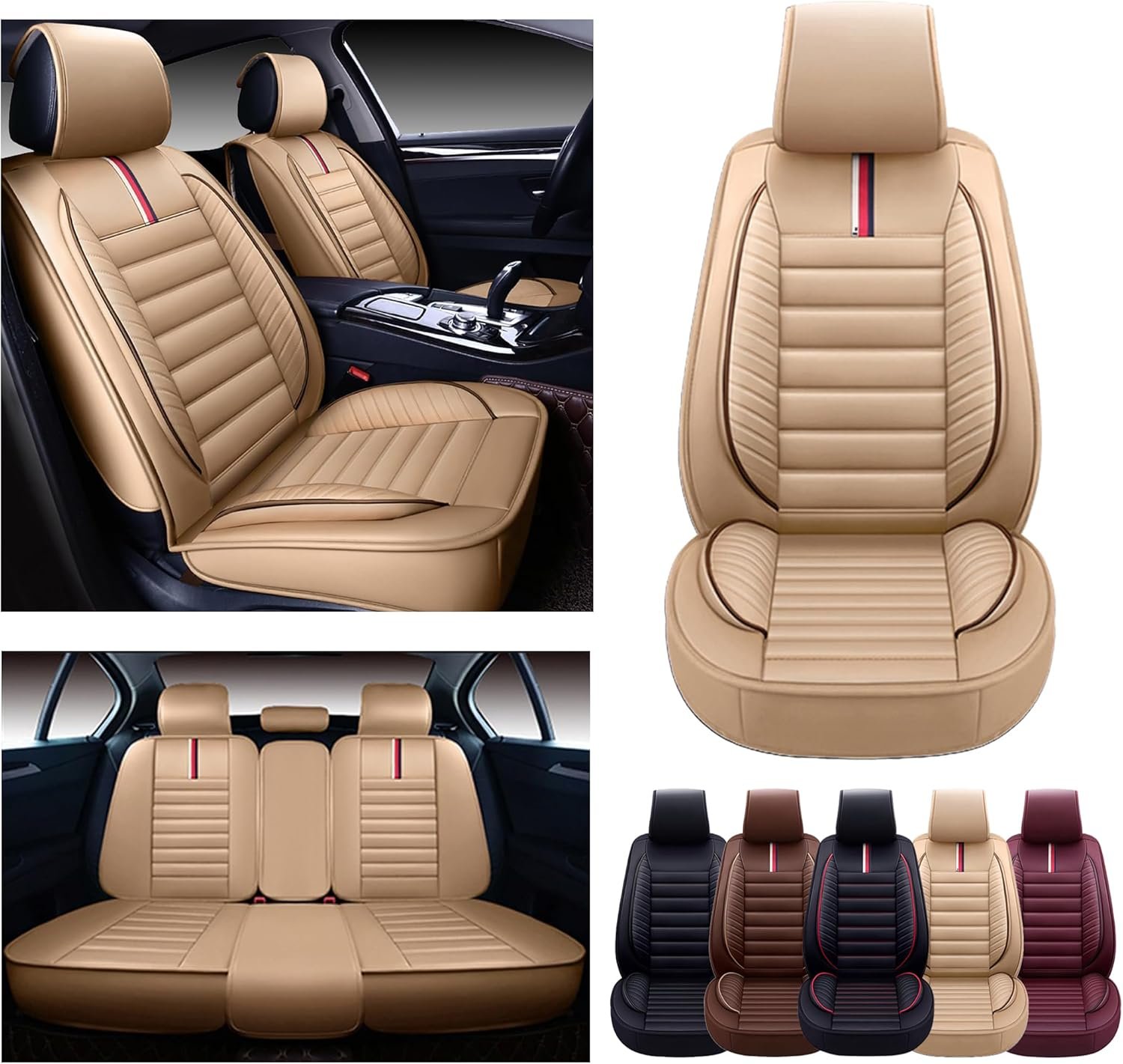 Car Seat Covers Premium Waterproof Faux Leather Cushion Universal Accessories Fit SUV Truck Sedan Automotive Vehicle Auto Interior Protector Full Set (OS-001 Tan)