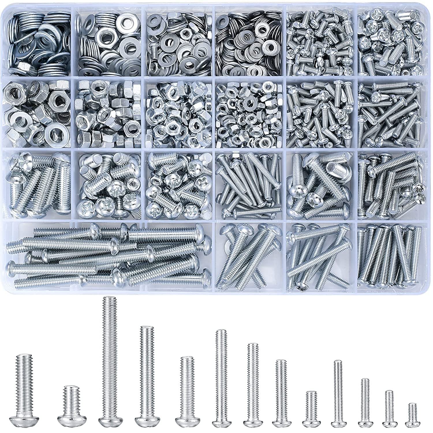 1080 Pcs Screws Bolts and Nuts Assortment Kit, Metric Machine Screws and Nuts and Flat Washers, M3/M4/M5/M6 Slotted Pan Head Hex Bolts Sets (C)