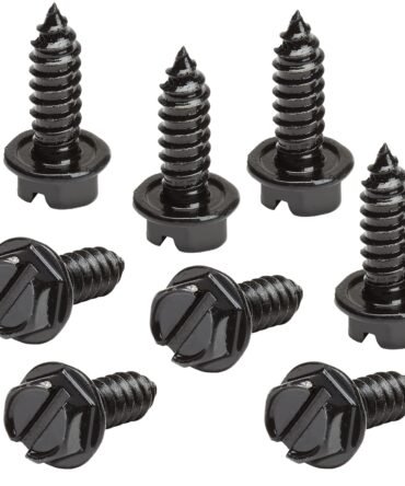 Black License Plate Screws Kit - Set of 8 Fasteners For Front and Back License Plates and License Plate Frames or Covers on Domestic Cars, Trucks, SUVs - Rustproof, Self Tapping Mounting Bolts (Black)