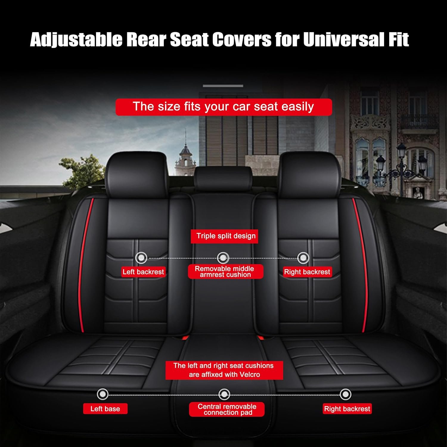 Car Seat Covers Full Set Automotive Seat Protection Fit for Most Cars SUVs Front & Back Seats Waterproof Leather Car Seat Cushion Protector Black & Red - Image 2