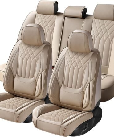 Car Seat Covers Full Set, Seat Covers for Cars, Beige Car Seat Cover, Car Seat Protector Waterproof,  Leather Car Seat Cushion, Car Seat Covers Front Seats and Back Fit for Most Cars